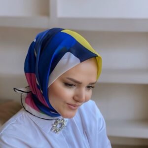 Alternative view of Digital Baskılı Pamuklu Eşarp Twist Desen Lacivert-Sarı